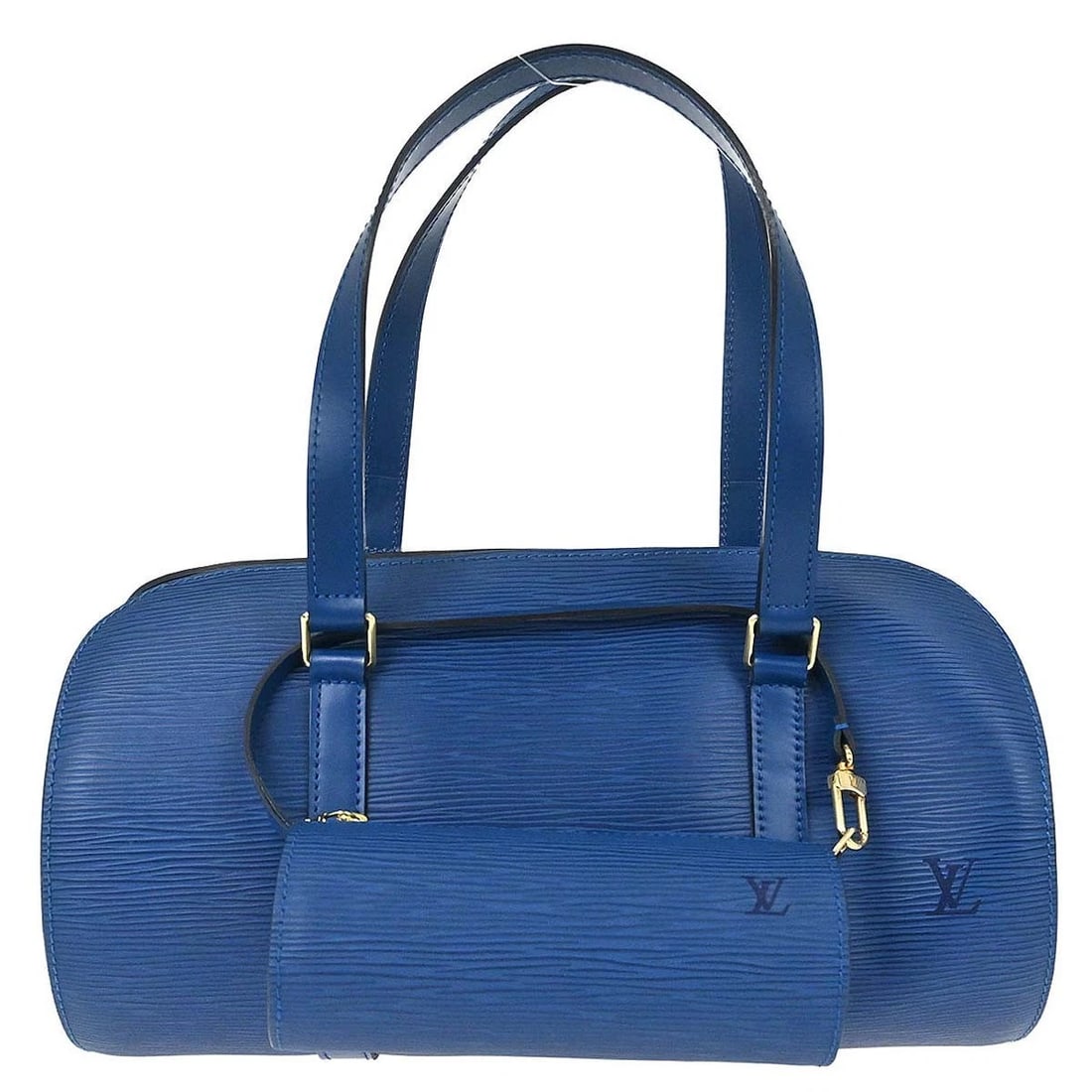 LOUIS VUITTON BLUE EPI SOUFFLOT HANDBAG: Louis Vuitton Blue Epi Soufflot Handbag Brand: Louis Vuitton Type/Style: Hand Bag Material: Epi Leather, Leather Color: Toledo blue * Blue Size: W 12.2 x H 5.9 x D 5.5 (Inch) Accessories: None