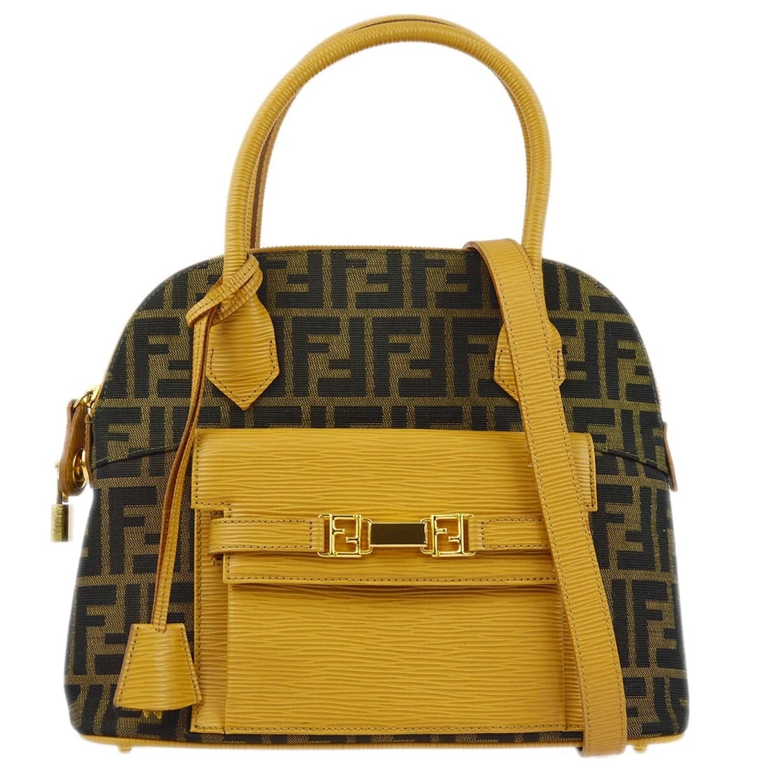 FENDI BROWN ZUCCA 2WAY HANDBAG: Fendi Brown Zucca 2Way Handbag Brand: Fendi Type/Style: Hand Bag Material: Canvas, Leather Color: Brown, Yellow Size: W 11.8 x H 9.4 x D 4.7 (Inch) Accessories: None Accessories Notice: Wh