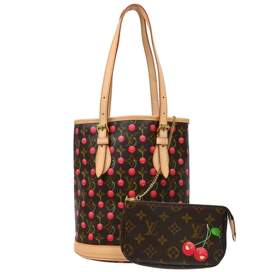 LOUIS VUITTON MONOGRAM CHERRY BUCKET PM TOTE HANDBAG: Louis Vuitton Monogram Cherry Bucket PM Tote Handbag Brand: Louis Vuitton Type/Style: Tote Material: Monogram Cherry Canvas, Leather Color: Brown Size: W 9.1 x H 10.6 x D 6.3 (Inch) Accessories: N