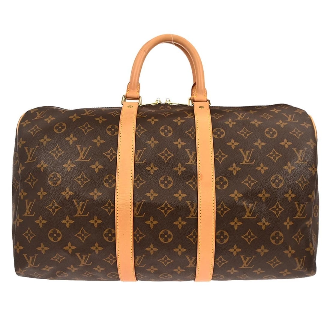 LOUIS VUITTON MONOGRAM KEEPALL 45 DUFFLE BAG: Louis Vuitton Monogram Keepall 45 Duffle Bag Brand: Louis Vuitton Type/Style: Duffle Material: Monogram canvas, Leather Color: Brown Size: W 18.1 x H 10.6 x D 7.9 (Inch) Accessories: None
