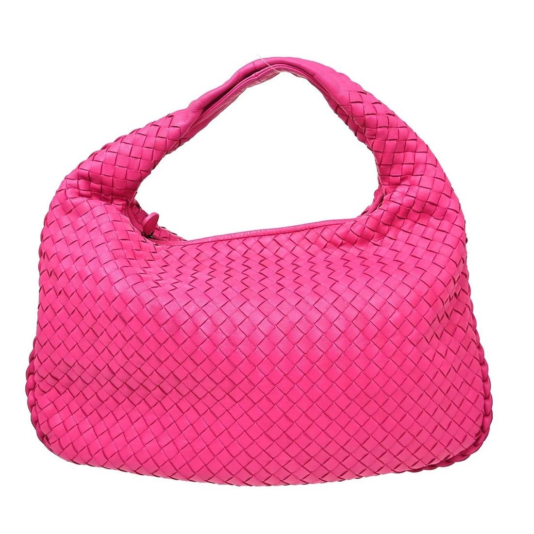 BOTTEGA VENETA PINK LAMBSKIN INTRECCIATO HOBO HANDBAG: Bottega Veneta Pink Lambskin Intrecciato Hobo Handbag Brand: Bottega Veneta Type/Style: Hobo Bag Material: Lambskin Color: Pink Size: W 16.1 x H 10.2 x D 0.6 (Inch) Accessories: None Acces