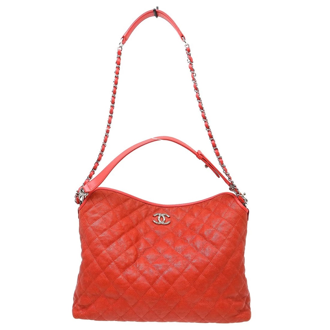 CHANEL RED CALFSKIN FRENCH RIVIERA 2WAY SHOULDER BAG: Chanel Red Calfskin French Riviera 2way Shoulder Bag Brand: CHANEL Type/Style: Shoulder Bag Material: Caviar skin Leather Color: Red Size: W 13.8 x H 8.7 x D 3.9 (Inch) Accessories: None A