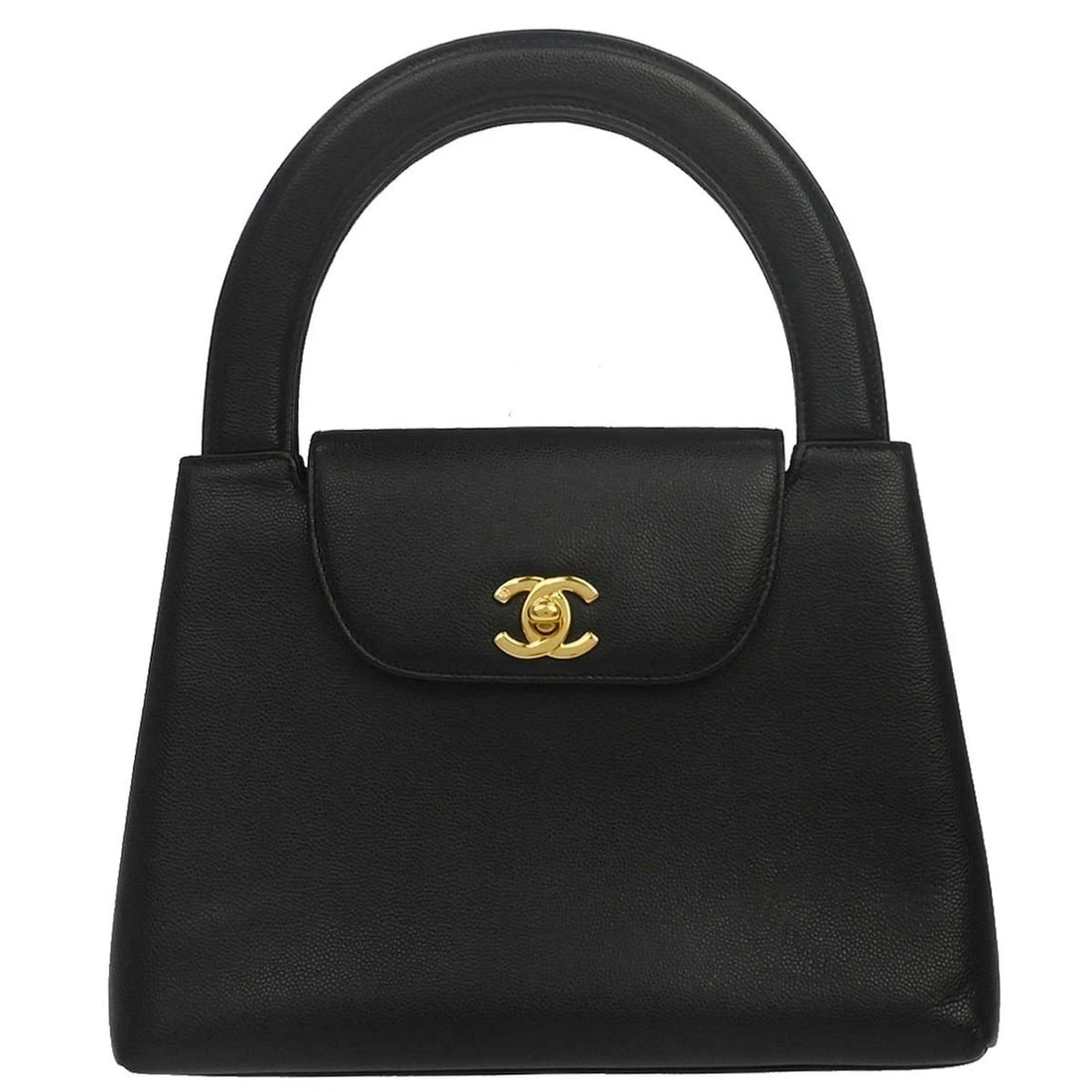 CHANEL BLACK CALFSKIN HANDBAG: Chanel Black Calfskin Handbag Brand: CHANEL Type/Style: Top Handle Bag Material: Caviar skin leather Color: Black Size: W 9.4 x H 7.1 x D 3.1 (Inch) Accessories: None Accessories Notice: W