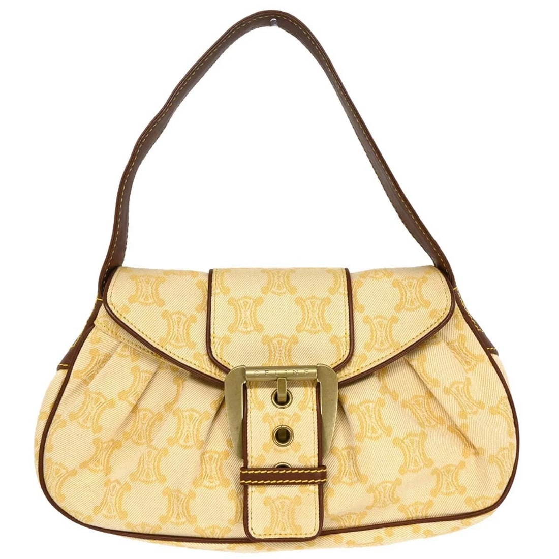 CELINE YELLOW MACADAM SHOULDER BAG: Celine Yellow Macadam Shoulder Bag Brand: CELINE Type/Style: Shoulder Bag Material: Canvas, Leather Color: Yellow, Brown Size: W 13.0 x H 7.5 x D 3.1 (Inch) Accessories: None Accessories N