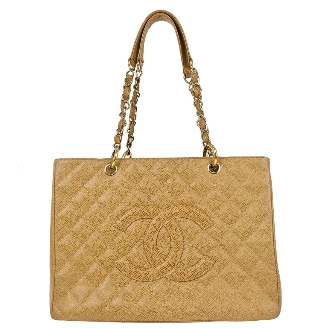 CHANEL BEIGE CALFSKIN GRAND SHOPPING TOTE GST CHAIN HANDBAG: Chanel Beige Calfskin Grand Shopping Tote GST Chain Handbag Brand: CHANEL Type/Style: Tote Material: Caviar skin leather Color: Beige Size: W 13.4 x H 9.8 x D 5.1 (Inch) Accessories: None