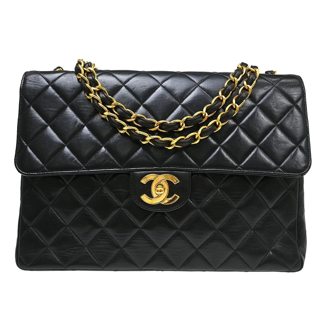 CHANEL BLACK LAMBSKIN CLASSIC FLAP JUMBO SHOULDER BAG: Chanel Black Lambskin Classic Flap Jumbo Shoulder Bag Brand: CHANEL Type/Style: Shoulder Bag Material: Lambskin Leather Color: Black Size: W 11.8 x H 8.3 x D 3.1 (Inch) Accessories: None A