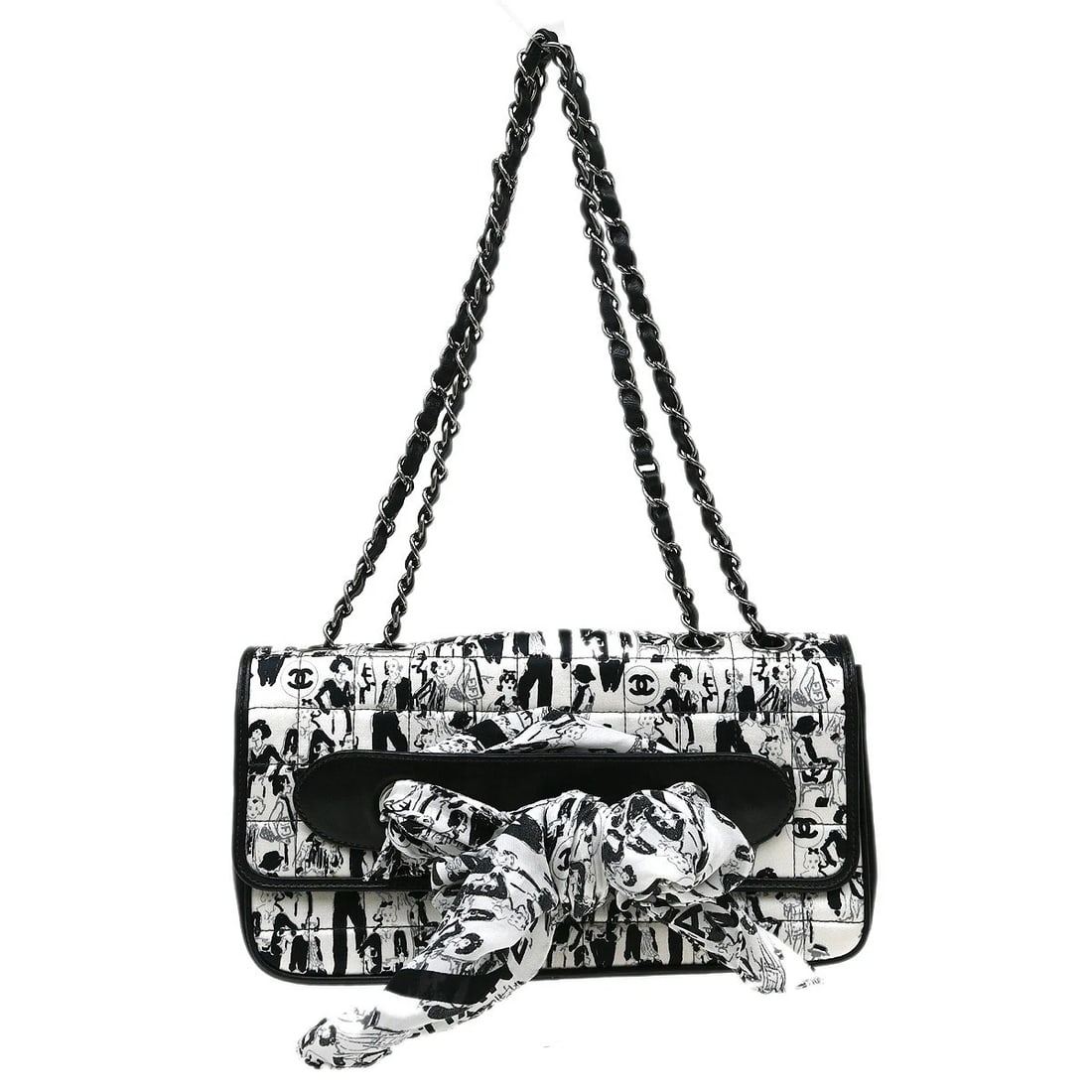 CHANEL BLACK LAMBSKIN SCARF DOUBLE CHAIN SHOULDER BAG: Chanel Black Lambskin Scarf Double Chain Shoulder Bag Brand: CHANEL Type/Style: Shoulder Bag Material: Lambskin, Satin Color: Black, White Size: W 9.8 x H 5.1 x D 2.8 (Inch) Accessories: None
