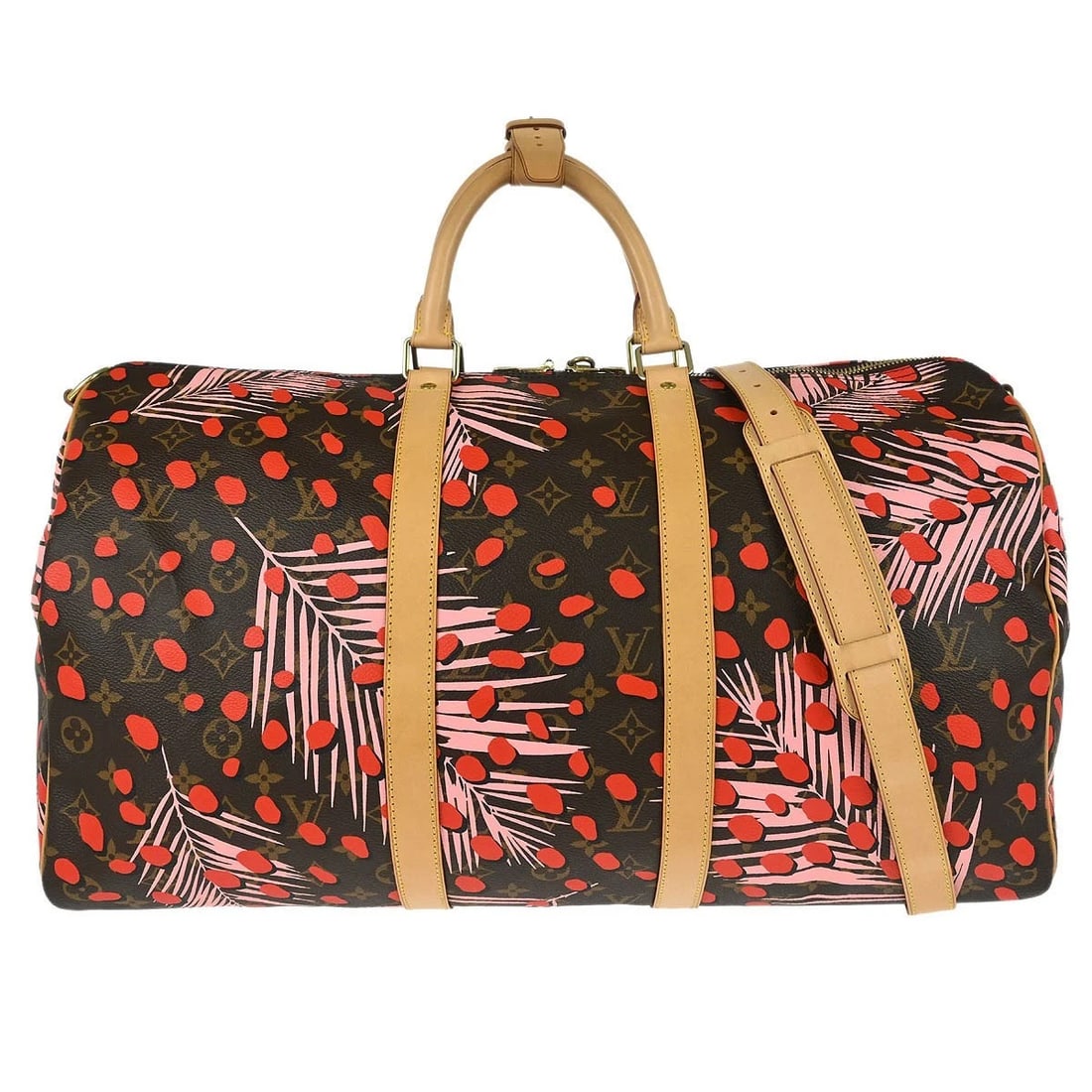 LOUIS VUITTON MONOGRAM KEEPALL BANDOULIERE 50 DUFFLE BAG: Louis Vuitton Monogram Keepall Bandouliere 50 Duffle Bag Brand: Louis Vuitton Type/Style: Duffle Material: Monogram Jungle Dot Canvas, Leather Color: Brown, Sugar Pink Poppy Size: W 19.7 x H 10.6 x D 