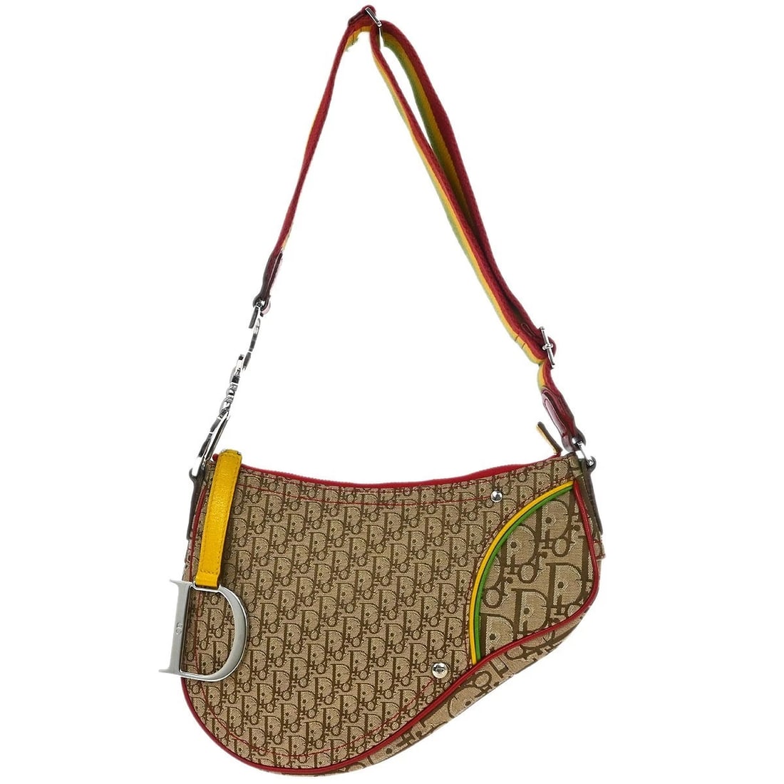 CHRISTIAN DIOR RASTA-COLOR TROTTER SADDLE SHOULDER BAG: Christian Dior Rasta-Color Trotter Saddle Shoulder Bag Brand: Christian Dior Type/Style: Saddle Bag Material: Canvas, Leather Color: Beige, Red, Yellow, Green Size: W 9.8 x H 7.1 x D 2.0 (Inch) Ac