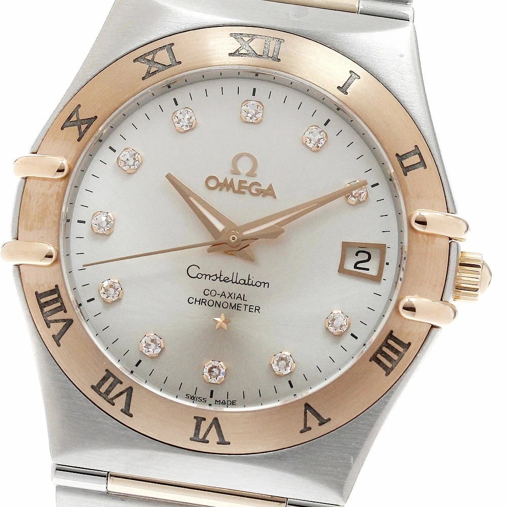 OMEGA CONSTELLATION DIAMOND DATE WATCH: Omega Constellation Diamond Date Watch Brand: OMEGA Type/Style: Wristwatch Material: Stainless Steel pink gold Color: Silver dial Size: Case size: 36mm Wrist size: Approx. 17.5cm Accessories: None