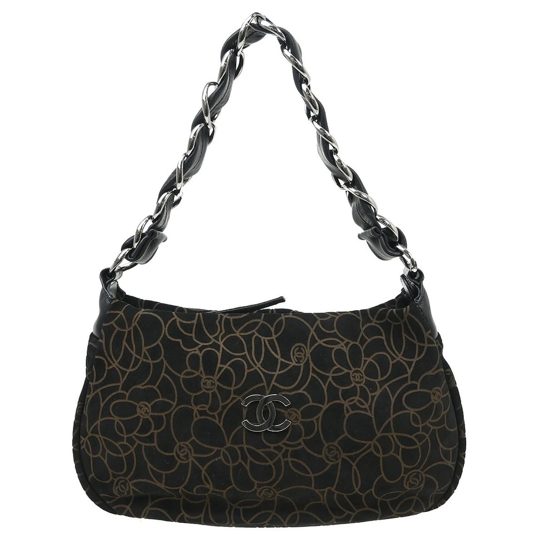 CHANEL BLACK SUEDE CAMELLIA SHOULDER BAG: Chanel Black Suede Camellia Shoulder Bag Brand: CHANEL Type/Style: Shoulder Bag Material: Suede, Lambskin Color: Black Size: W 10.6 x H 6.7 x D 3.1 (Inch) Accessories: None Accessories Not