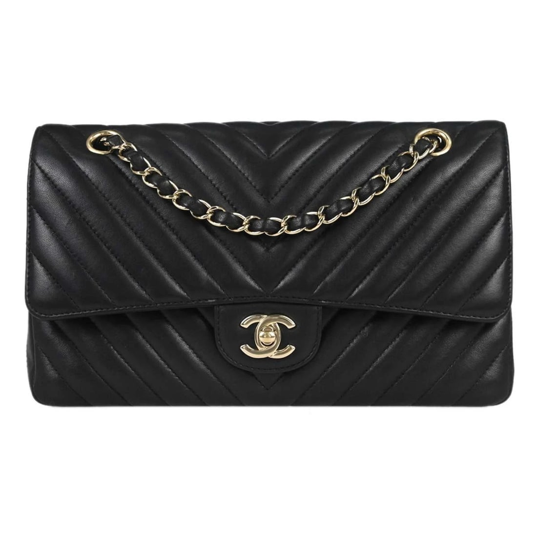 CHANEL BLACK LAMBSKIN CHEVRON SHOULDER BAG: Chanel Black Lambskin Chevron Shoulder Bag Brand: CHANEL Type/Style: Shoulder Bag Material: Lambskin Leather Color: Black Size: W 9.8 x H 6.3 x D 2.8 (Inch) Accessories: None Accessories N