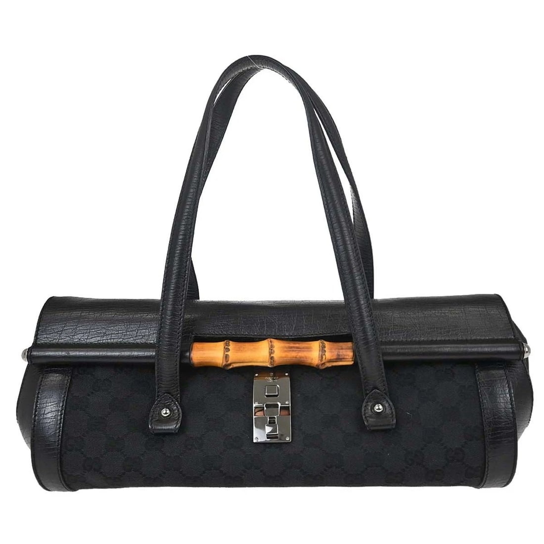 GUCCI BLACK BAMBOO GG HANDBAG: Gucci Black Bamboo GG Handbag Brand: Gucci Type/Style: Handbag Material: Canvas, Leather, Bamboo Color: Black Size: W 15.4 x H 7.1 x D 5.1 (Inch) Accessories: None Accessories Notice: When