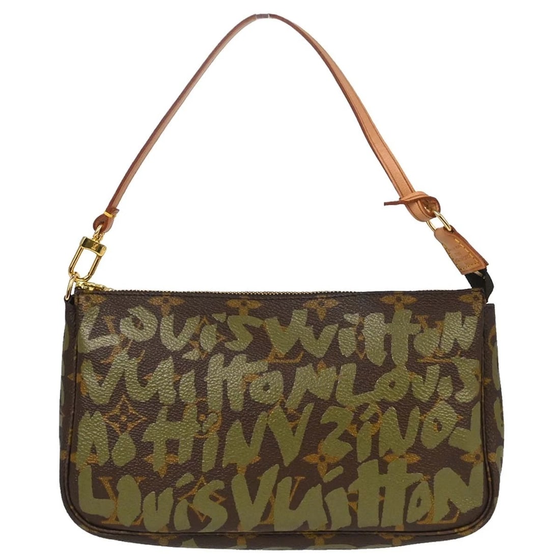 LOUIS VUITTON KHAKI GRAFFITI POCHETTE ACCESSOIRES HANDBAG: Louis Vuitton Khaki Graffiti Pochette Accessoires Handbag Brand: Louis Vuitton Type/Style: 2way Hand Bag Material: Monogram Graffiti Canvas, Leather Color: Khaki, Brown Size: W 8.3 x H 5.1 x D 1.4 (In
