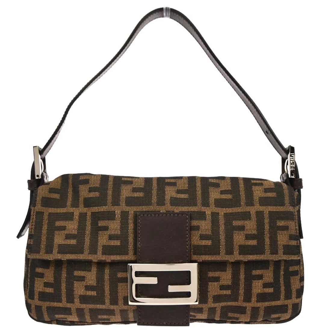 FENDI BROWN ZUCCA BAGUETTE HANDBAG: Fendi Brown Zucca Baguette Handbag Brand: Fendi Type/Style: Hand Bag Material: Canvas, Leather Color: Brown, Black Size: W 9.8 x H 5.5 x D 1.6 (Inch) Accessories: None Accessories Notice: