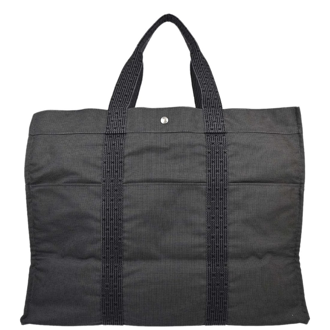 HERMES GRAY CANVAS HERLINE TOTE HANDBAG: Hermes Gray Canvas Herline Tote Handbag Brand: HERMES Type/Style: Tote Material: 69% Polyamide, 31% Polyester Color: Gray, Black Size: W 22.8 x H 16.5 x D 10.2 (Inch) Accessories: None Acc