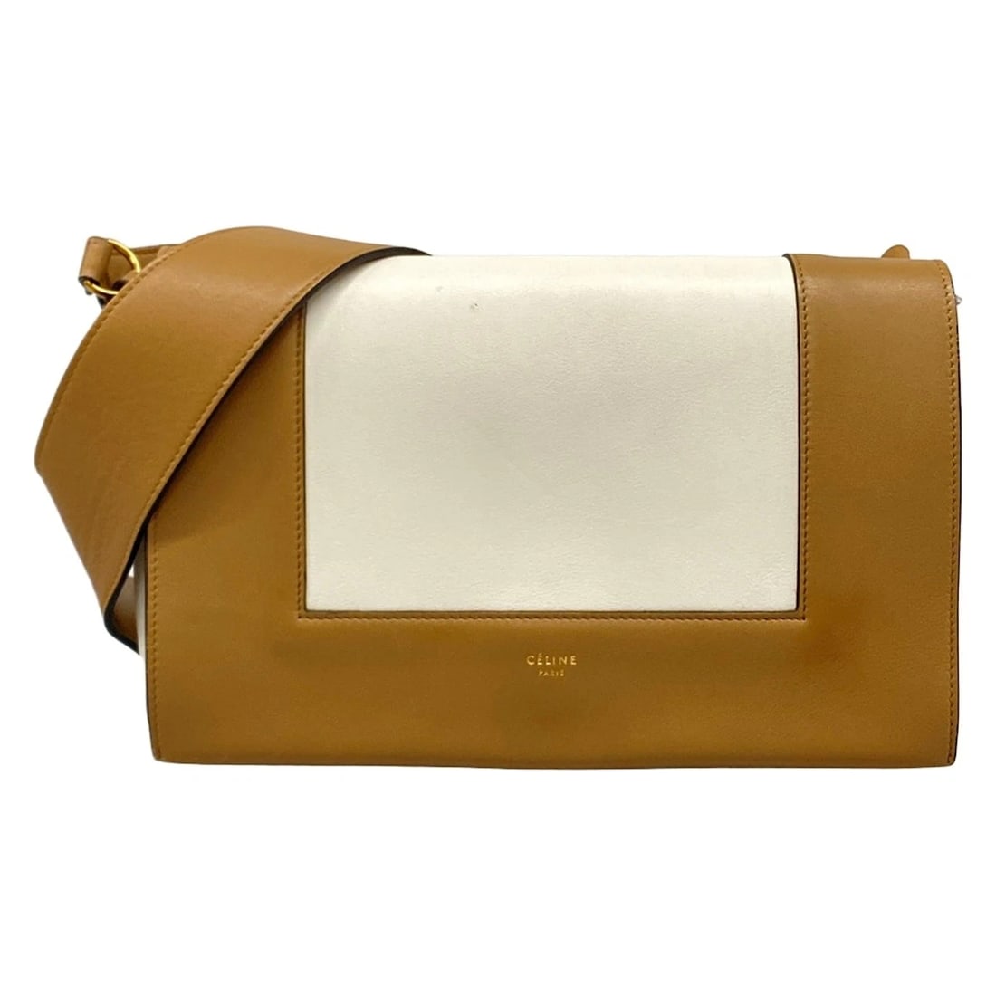 CELINE WHITE LIGHT BROWN CALF LEATHER SHOULDER BAG: CELINE White Light Brown Calf Leather Shoulder Bag Brand: CELINE Type/Style: Shoulder Bag Material: Exterior Material Calf Leather Color: Exterior Color White, Light Brown Size: Height : 6.5 inch (16.