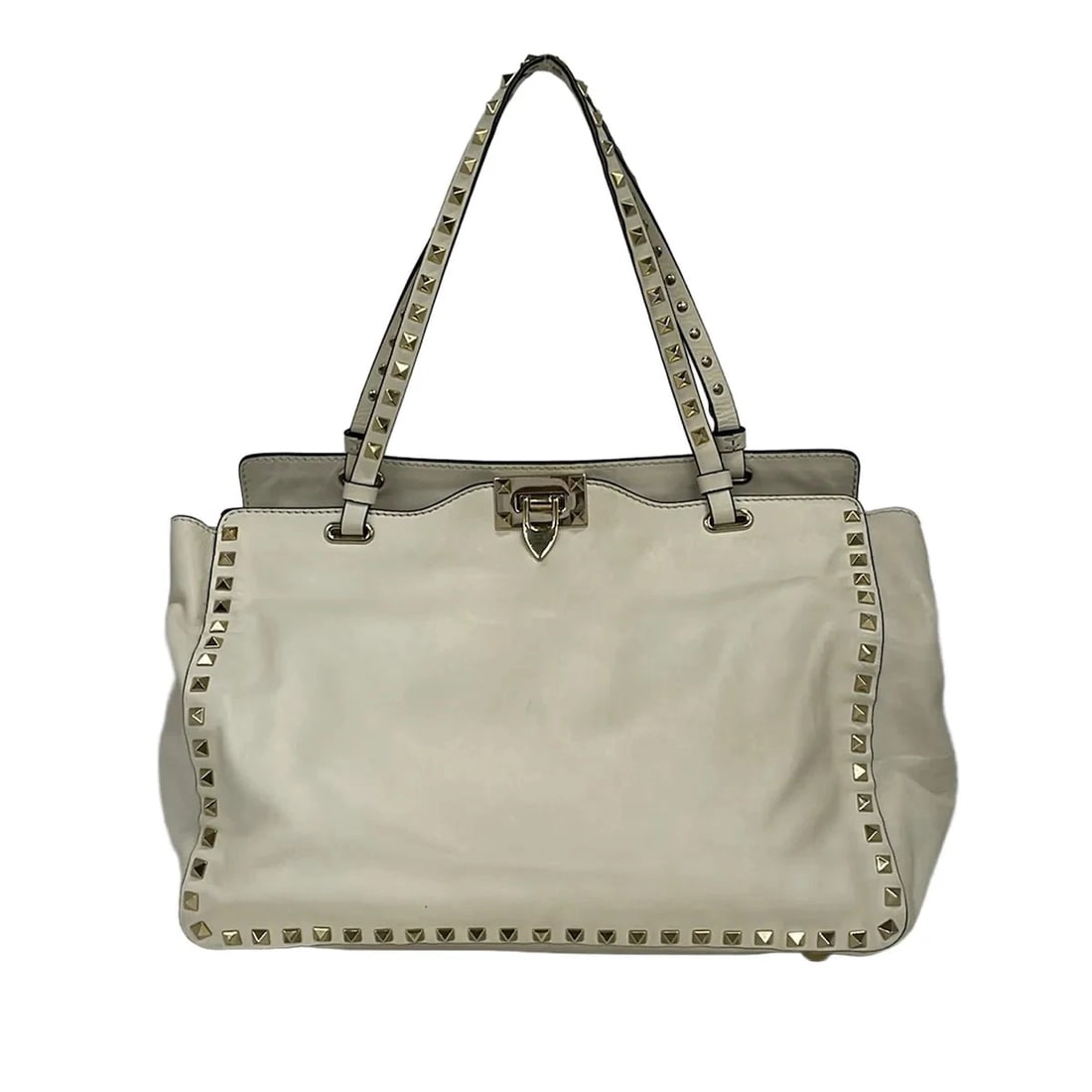 VALENTINOGARAVANI ROCKSTUD MEDIUM BAG CREAM LEATHER TOTE BAG: VALENTINOGARAVANI Rockstud Medium Bag Cream Leather Tote Bag Brand: VALENTINOGARAVANI Type/Style: Tote Bag Material: Exterior Material Leather Color: Exterior Color Cream Size: Height : 9.06 inch (23 