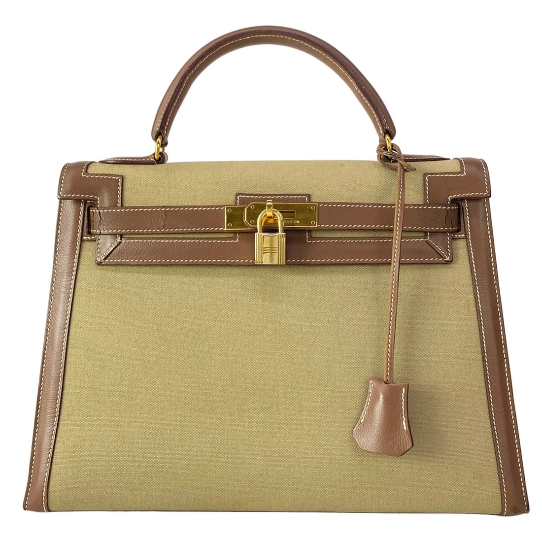 HERMES KELLY 32 KHAKI DARK BROWN HANDBAG: HERMES Kelly 32 Khaki Dark Brown Handbag Brand: HERMES Type/Style: Handbag Material: Exterior Material Toile, Leather Color: Exterior Color Khaki, Dark Brown Size: Height : 10.04 inch (25.5 cm) Width 