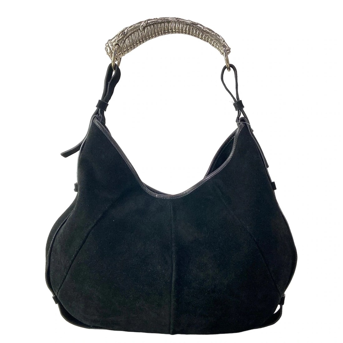 YVESSAINTLAURENT RIVEGAUCHE BLACK SILVER SUEDE LEATHER: YvesSaintLaurent rivegauche Black Silver Suede Leather Brand: YvesSaintLaurent rivegauche (YSL) Type/Style: Handbag Material: Exterior Material Suede, Leather, Hardware Color: Exterior Color Black, Si