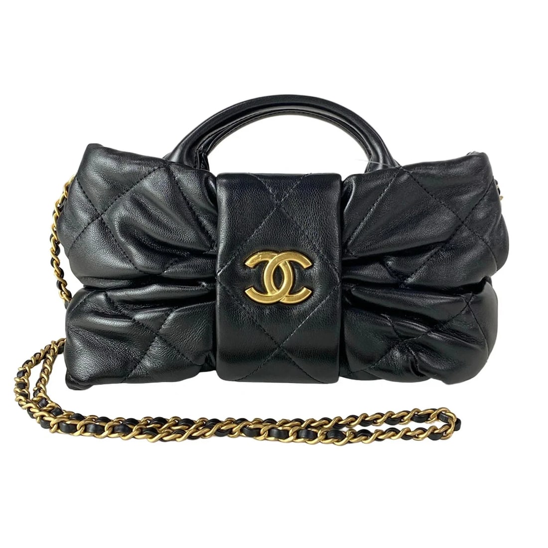 CHANEL MINI BOW BAG BLACK SHINY LAMBSKIN HANDBAG: CHANEL Mini Bow Bag Black Shiny Lambskin Handbag Brand: CHANEL Type/Style: Handbag Material: Exterior Material Shiny Lambskin Color: Exterior Color Black Size: Height : 4.53 inch (11.5 cm) Width : 8.2