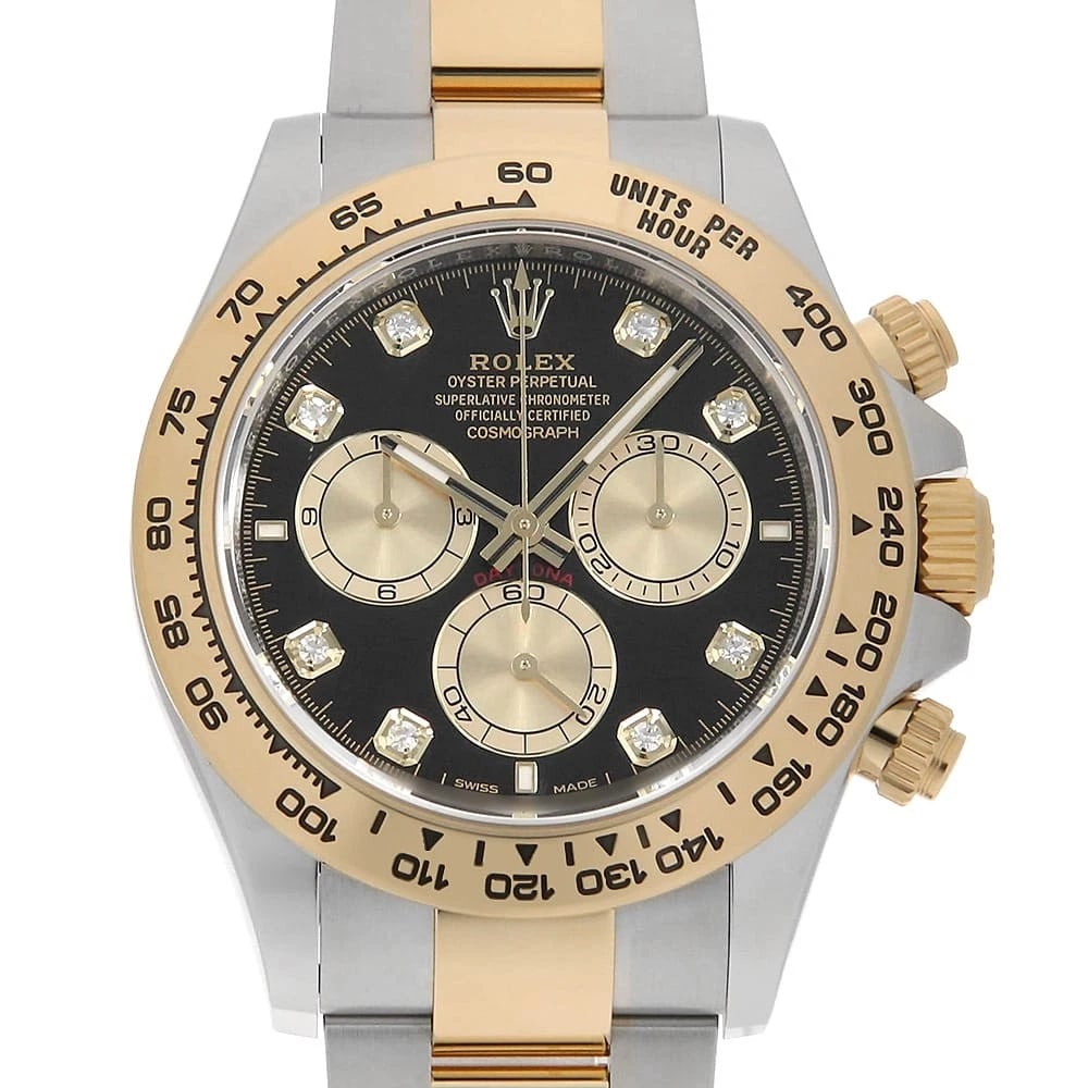 ROLEX COSMOGRAPH DAYTONA DIAMOND BLACK WATCH: ROLEX Cosmograph Daytona diamond black Brand: ROLEX Type/Style: Wrist watch Material: Band Material Stainless Steel/Yellow Gold, Case Material Stainless Steel/Yellow Gold Color: Dial Color Black Size: