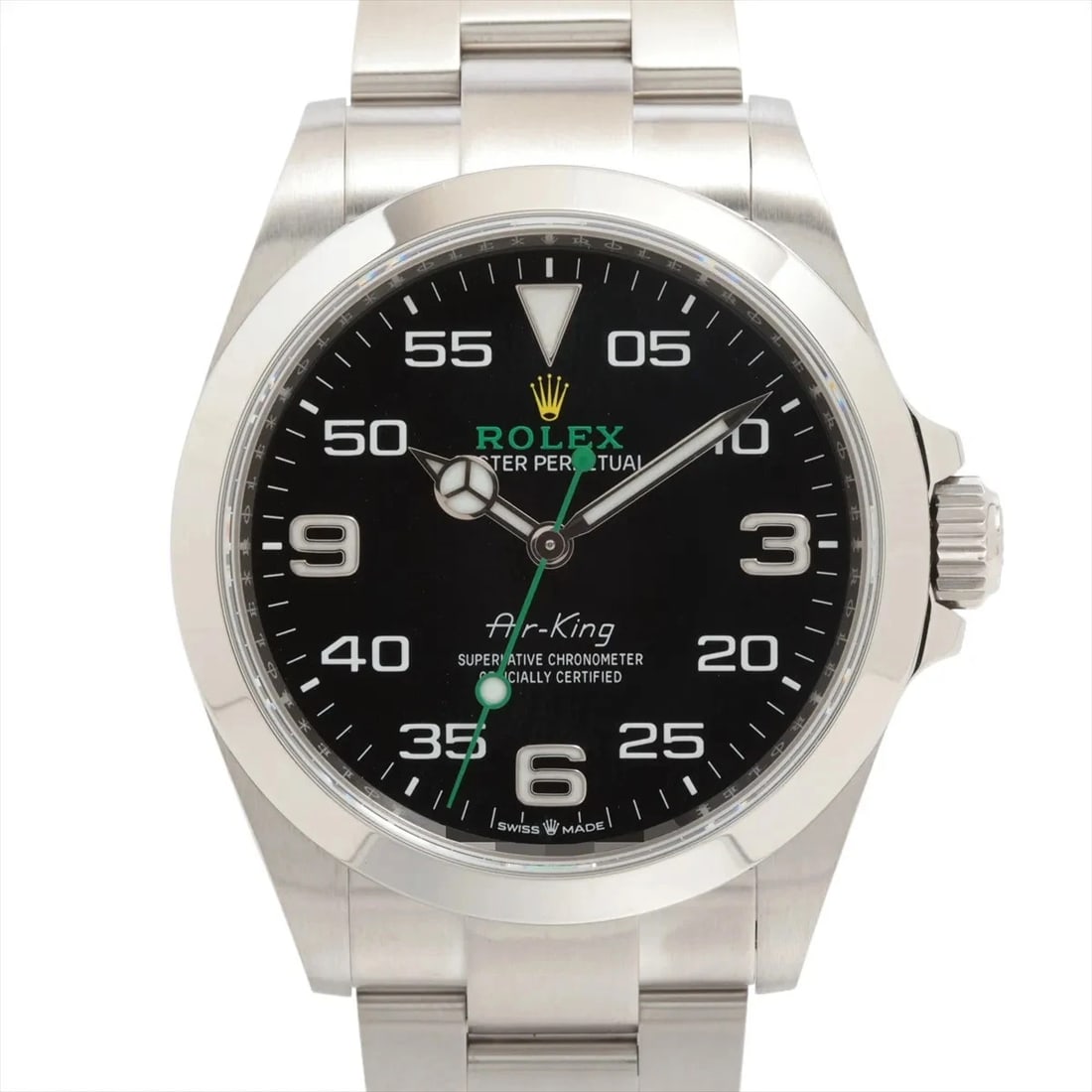 ROLEX AIR-KING SS AT BLACK DIAL WATCH: Rolex Air-King SS AT black dial Brand: Rolex Type/Style: Wristwatch Material: SS Color: Dial Color Black Size: Case:W1.6 x H1.6inch / W40 x H40 Circumference of Wrist:7.3inch / 18.5 Accessories: N
