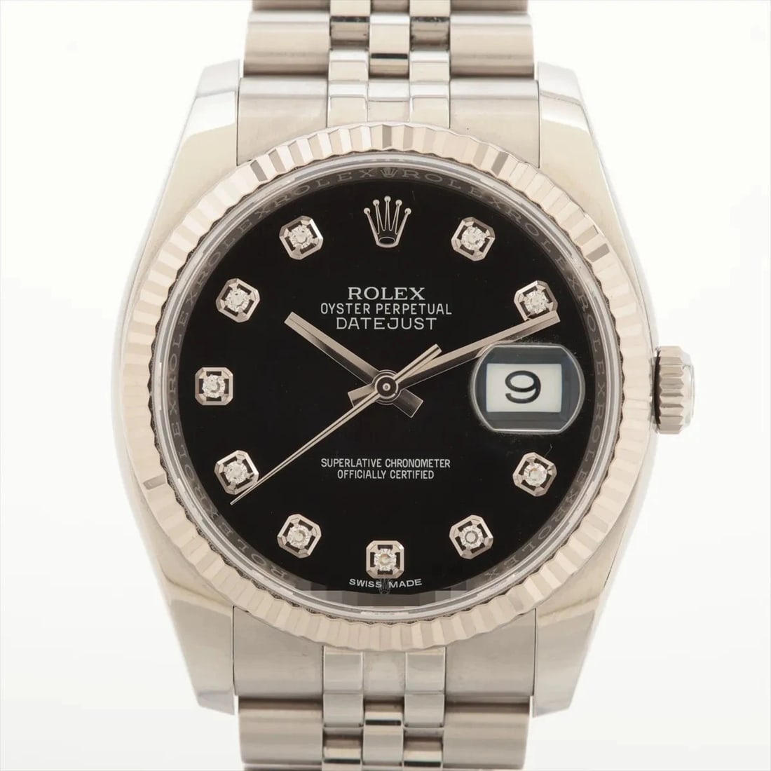 ROLEX SS?WG AT BLACK DIAL WATCH: Rolex SS?WG AT black dial Brand: Rolex Type/Style: Wristwatch Material: SS?WG Color: Dial Color Black Size: Case:W1.2 x H1.2inch / W36 x H36 Circumference of Wrist:6.3inch / 16 Accessories: None <