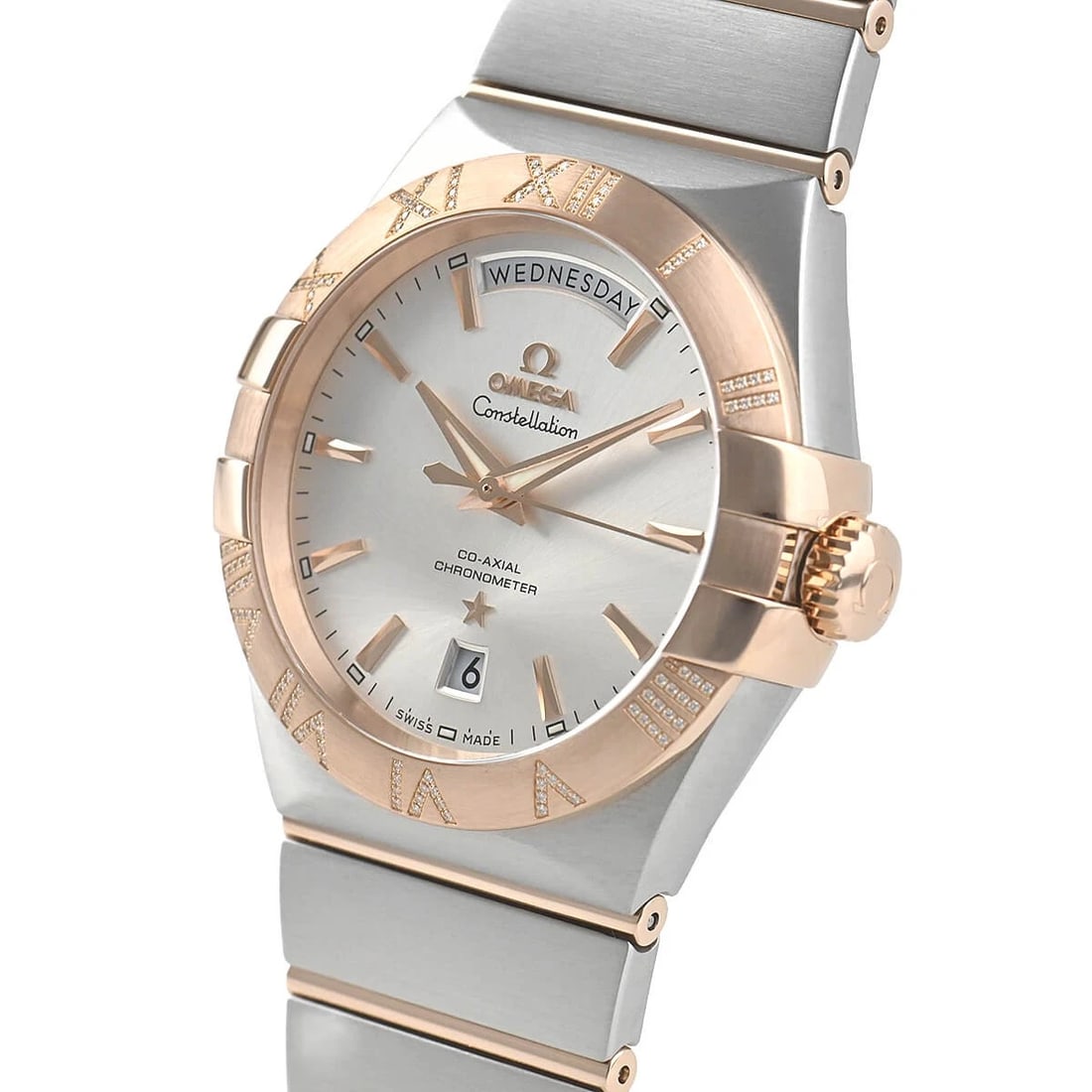 OMEGA CONSTELLATION CO-AXIAL CHRONOMETER DAY-DATE WATCH: OMEGA Constellation Co-Axial Chronometer Day-Date Brand: OMEGA Type/Style: Wristwatch Material: Case Material Stainless steel and red gold Color: Dial Color Silver Size: Case Size Case Size: 38.0mm