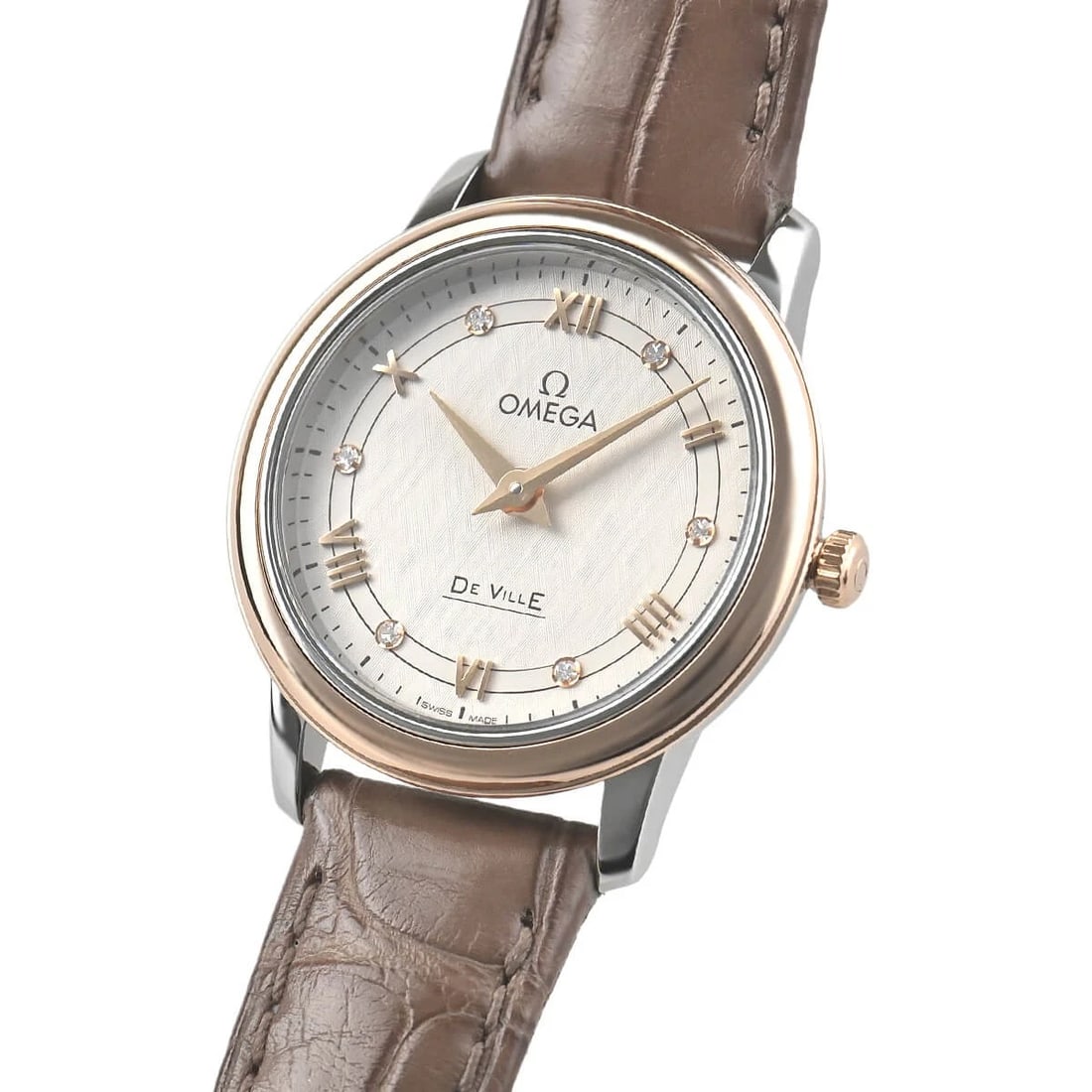 OMEGA DE VILLE PRESTIGE WATCH: OMEGA De Ville Prestige Brand: OMEGA Type/Style: Wristwatch Material: Case Material Stainless steel and red gold Color: Dial Color Silver Size: Case Size Case Size: 27.4mm Accessories: None