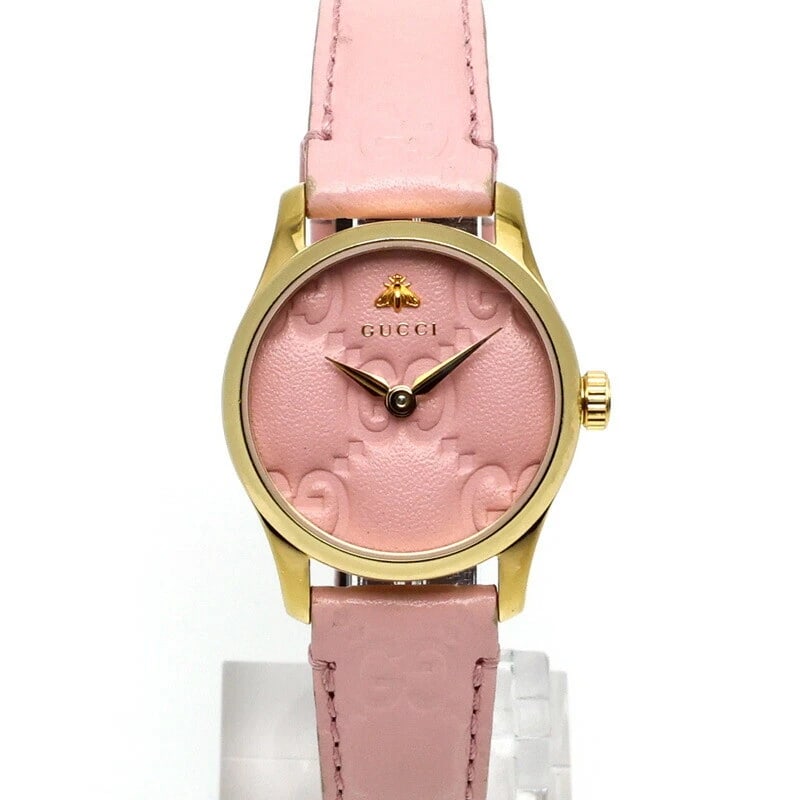 GUCCI G TIMELESS PINK LEATHER QUARTZ MOVEMENT LADIES PINK DIAL WATCH: Gucci G Timeless Pink Leather Quartz Movement Ladies Pink Dial Watch Brand: GUCCI Type/Style: Wristwatch Material: Stainless Steel + Leather Color: Pink dial Size: Case size: 29mm Accessories: Non
