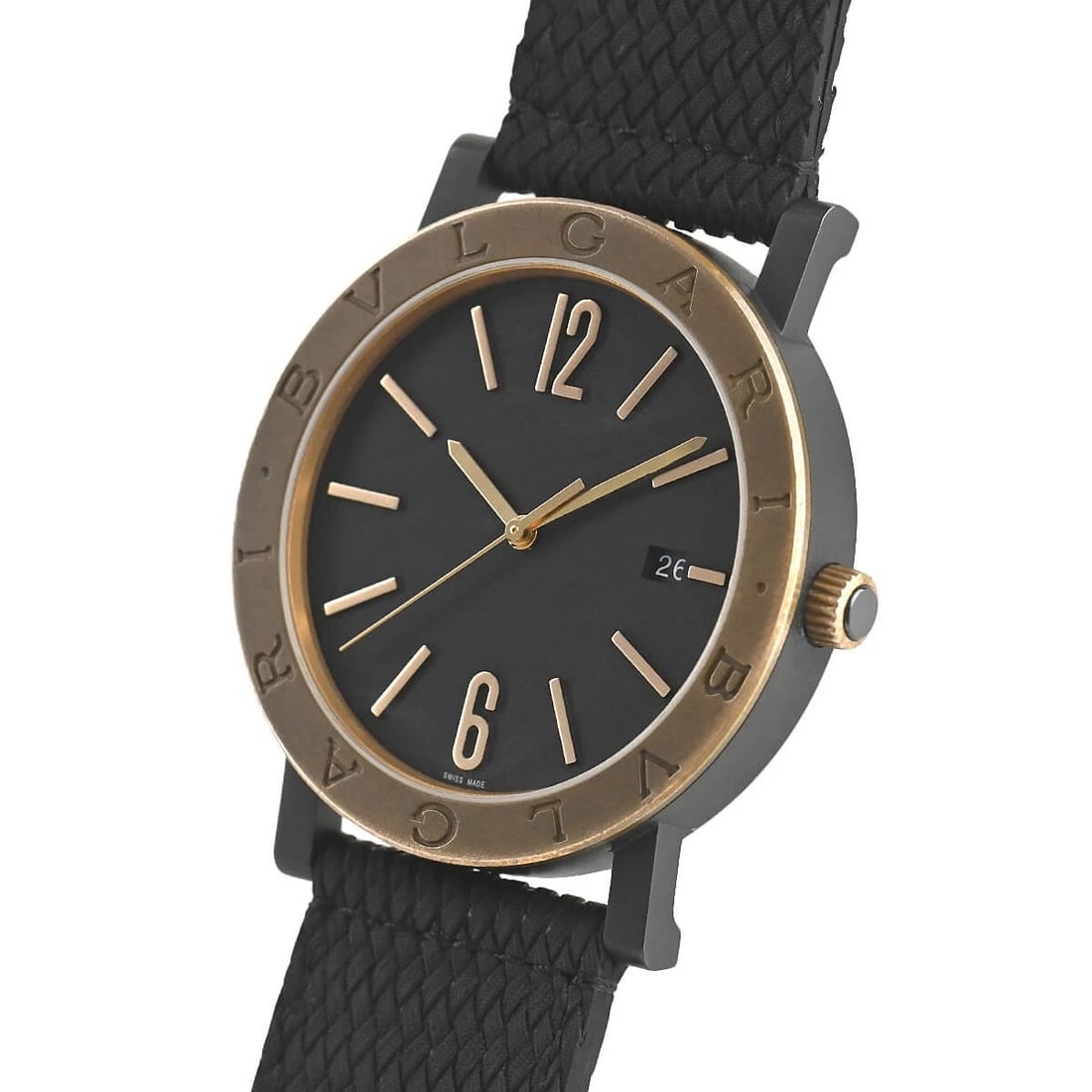 BVLGARI SOLO TEMPO WATCH: BVLGARI SOLO TEMPO Brand: BVLGARI Type/Style: Wristwatch Material: Case Material Stainless steel (DLC processed) and bronze Color: Dial Color black Size: Case Size Case Size: 41.0mm Accessories: N