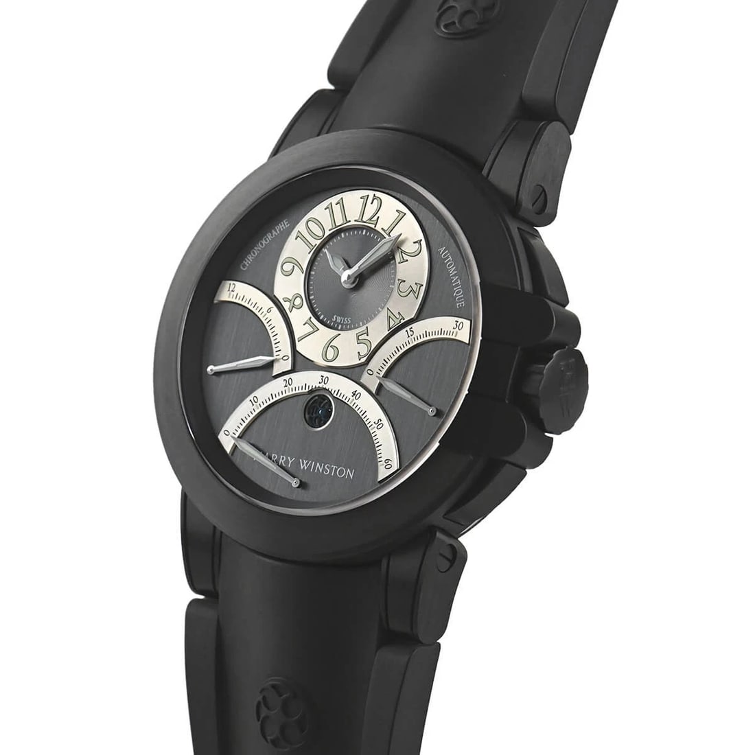 HARRY WINSTON OCEAN TRI-RETRO CHRONOGRAPH WATCH: HARRY WINSTON Ocean Tri-Retro Chronograph Brand: HARRY WINSTON Type/Style: Wristwatch Material: Case Material Zalium (DLC processing) Color: Dial Color Black/Silver Size: Case Size Case Size: 44.0mm