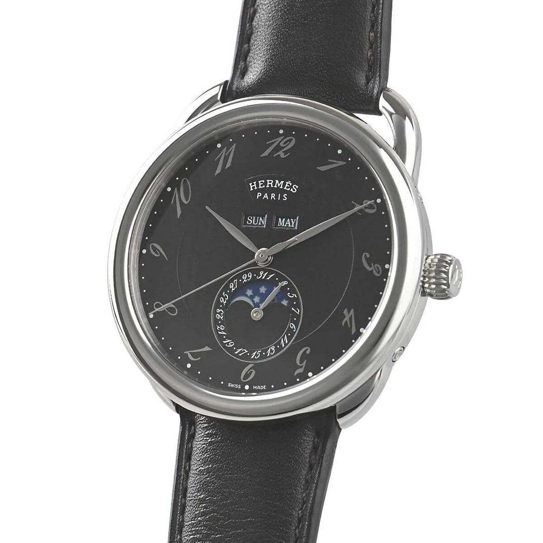 HERMES GRAND LUNE MAXIMUM ARCEAU WATCH: HERMES Grand Lune Maximum Arceau Brand: HERMES Type/Style: Wristwatch Material: Case Material stainless Color: Dial Color black Size: Case Size Case Size: 43.2mm Accessories: None Accessories Notice: