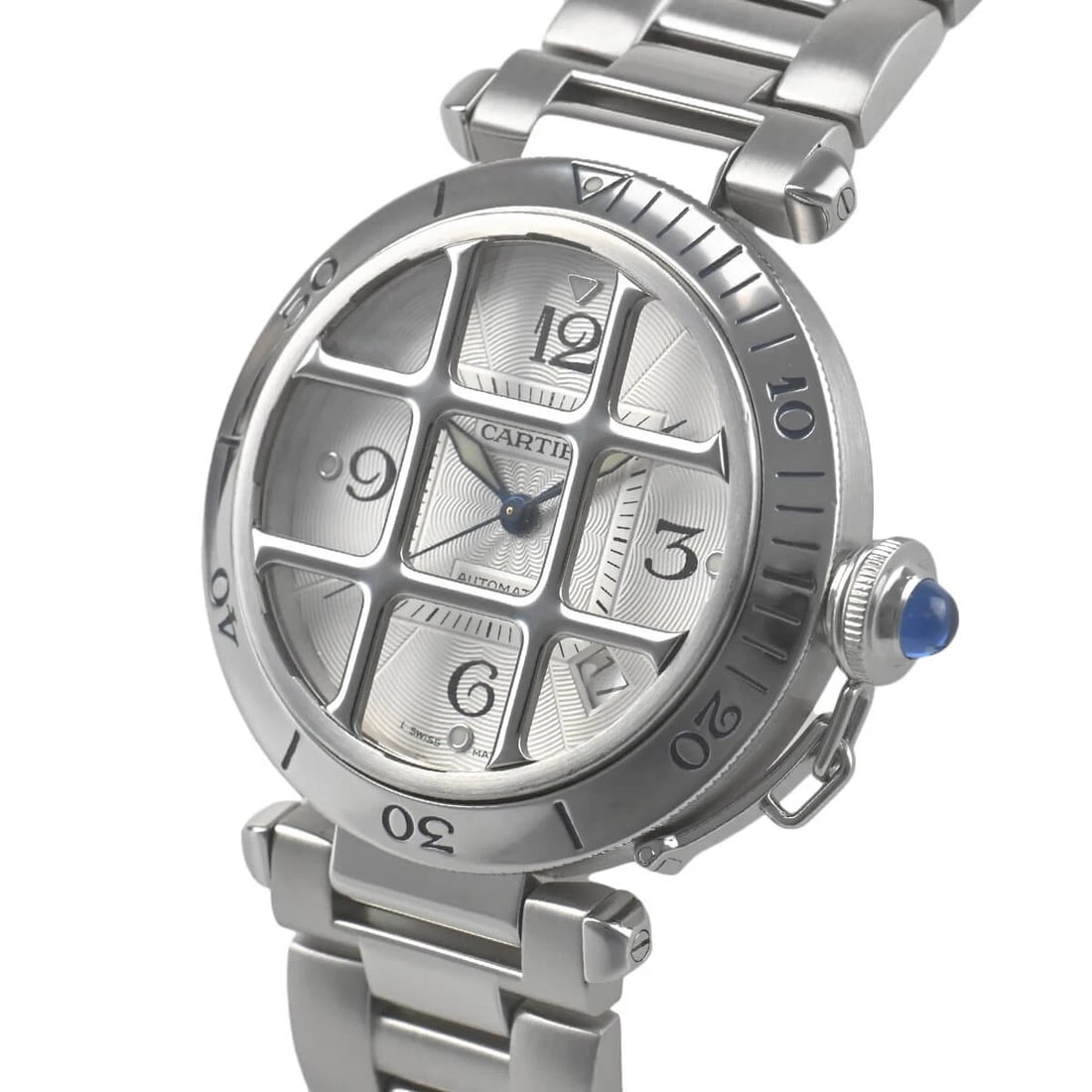 CARTIER PASHA 38 GRID WATCH: CARTIER Pasha 38 Grid Brand: CARTIER Type/Style: Wristwatch Material: Case Material stainless Color: Dial Color Silver Size: Case Size Case Size: 38.0mm Accessories: None Accessories Notice: When