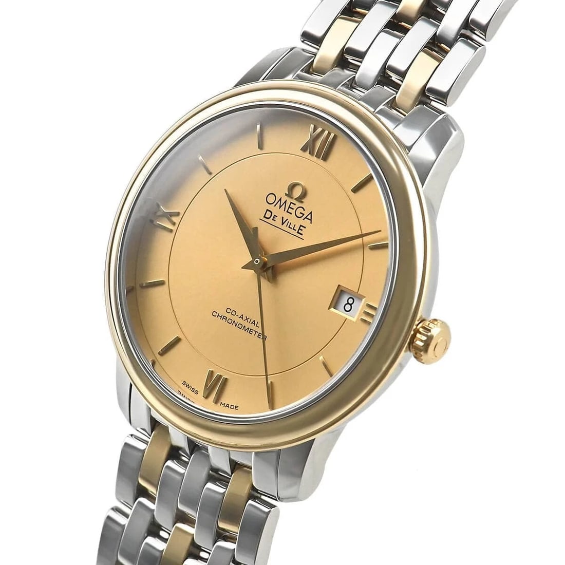OMEGA DE VILLE PRESTIGE CO-AXIAL WATCH: OMEGA De Ville Prestige Co-Axial Brand: OMEGA Type/Style: Wristwatch Material: Case Material Stainless steel and yellow gold Color: Dial Color Yellow Size: Case Size Case Size: 36.8mm Accessories: