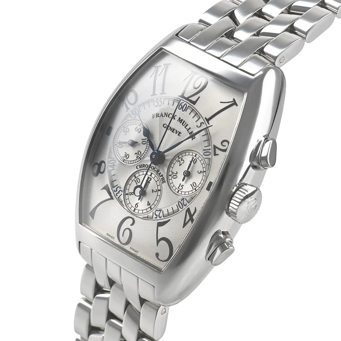 FRANCK MULLER TONNEAU CURVEX CHRONO WATCH: FRANCK MULLER Tonneau Curvex Chrono Brand: FRANCK MULLER Type/Style: Wristwatch Material: Case Material stainless Color: Dial Color Silver Size: Case Size Case Size: 41.3 x 33.5mm Accessories: Non