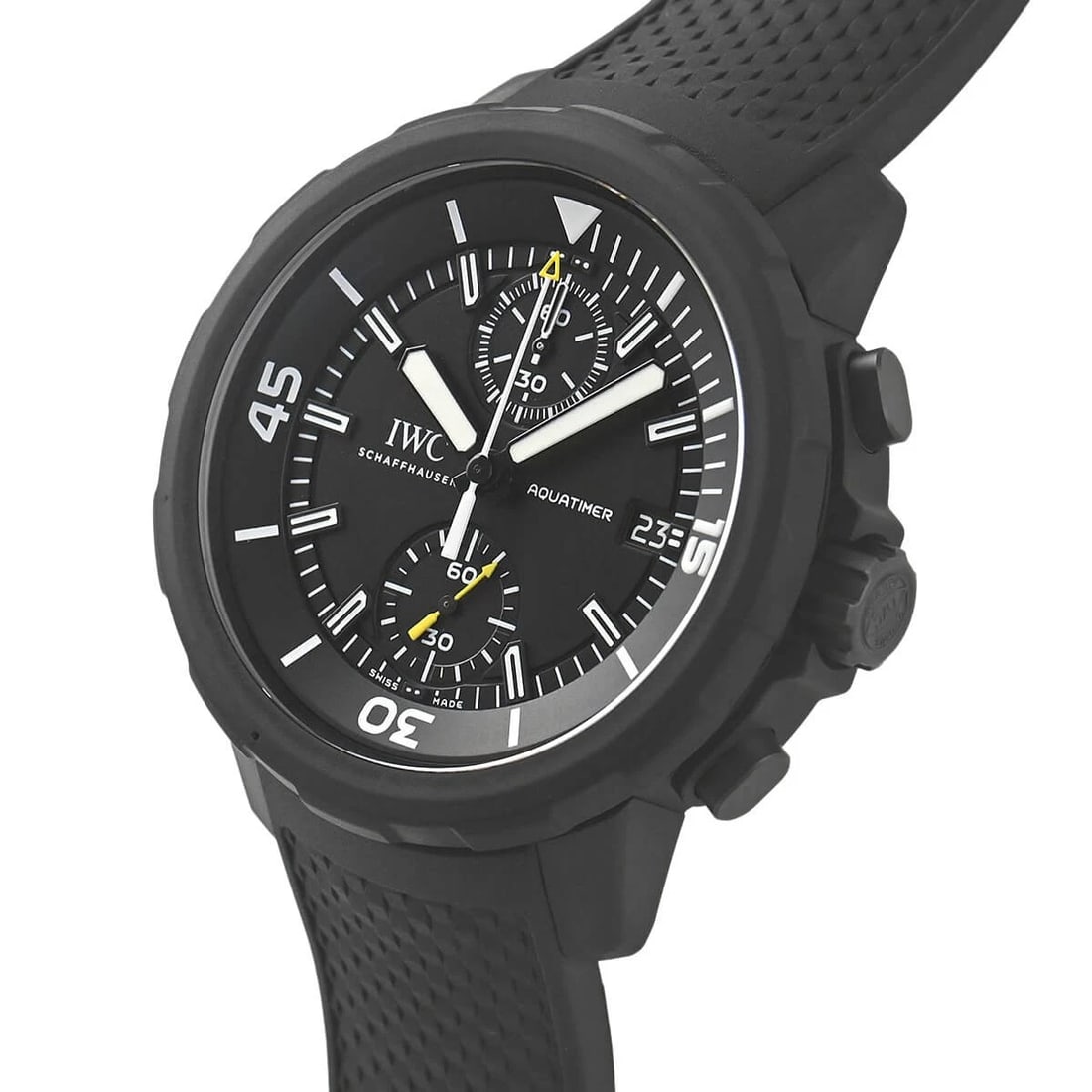 IWC AQUATIMER CHRONO GALAPAGOS WATCH: IWC Aquatimer Chrono Galapagos Brand: IWC Type/Style: Wristwatch Material: Case Material Stainless steel (rubber coated) Color: Dial Color black Size: Case Size Case Size: 45.0mm Accessories: None