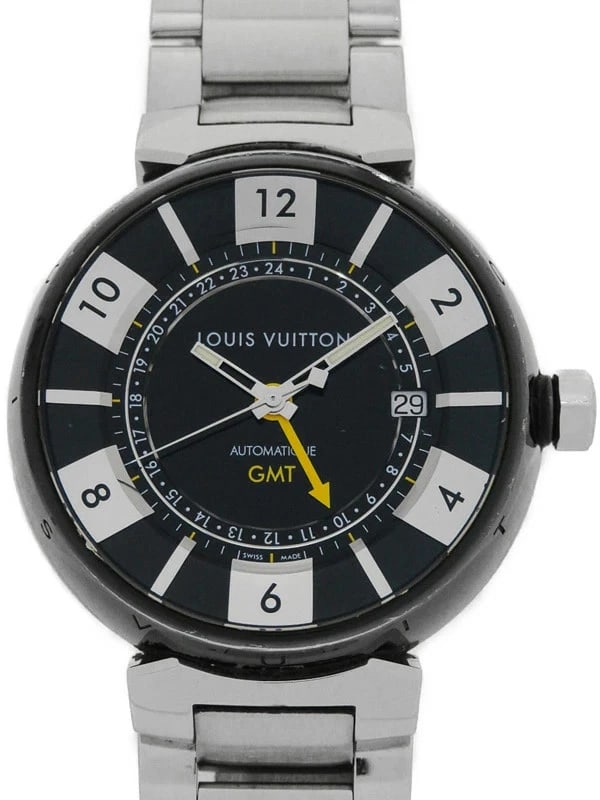 LOUIS VUITTON TAMBOUR IN BLACK GMT WATCH: LOUIS VUITTON Tambour in Black GMT Brand: LOUIS VUITTON Type/Style: Wristwatch Material: Case Material stainless Color: Dial Color black Size: Case Size Case: Approx. 41mm Diameter Wrist Circumference