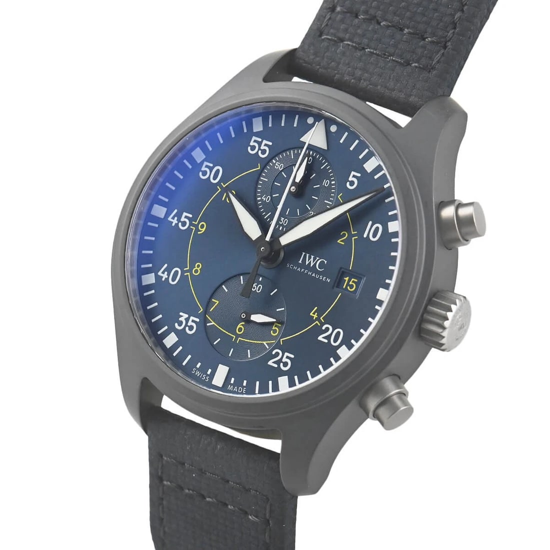 IWC PILOT'S WATCH CHRONOGRAPH BLUE ANGELS WATCH: IWC Pilot's Watch Chronograph Blue Angels Brand: IWC Type/Style: Wristwatch Material: Case Material Ceramic/Stainless Steel Color: Dial Color blue Size: Case Size Case Size: 44.5mm Accessories: No