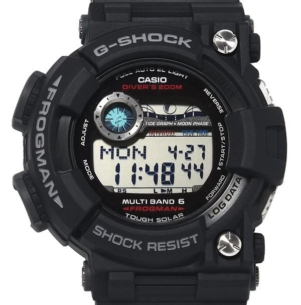 G-SHOCK FROGMAN TOUGH SOLAR STAINLESS STEEL RESIN BLACK WATCH: G-Shock Frogman Tough Solar Stainless Steel Resin Black Watch Brand: G-SHOCK Type/Style: Wristwatch Material: Stainless Steel + Resin Color: Black dial Size: Case size: 52.8mm Accessories: None