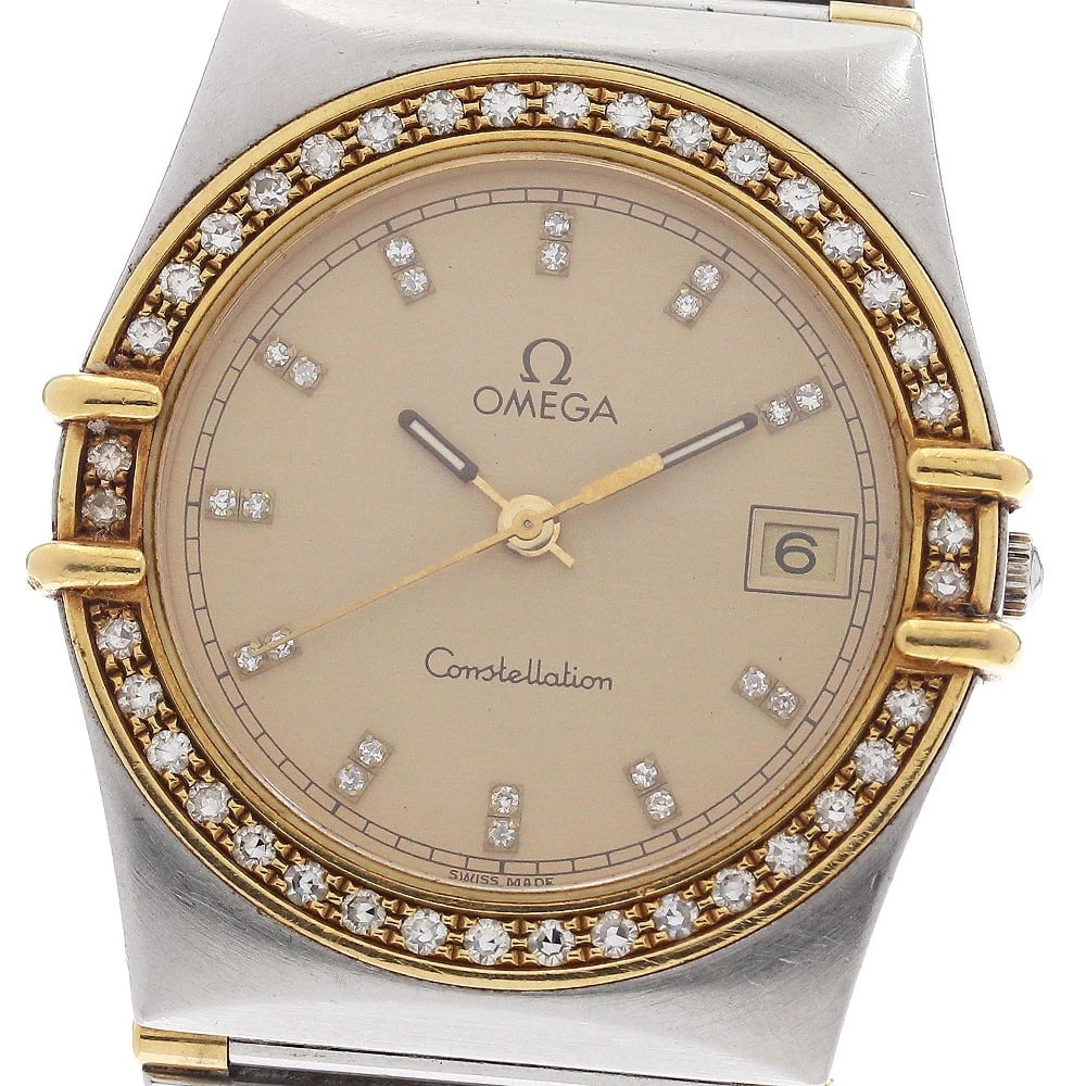 OMEGA CONSTELLATION DIAMOND BEZEL INDEX DIAMOND GOLD DIAL QUARTZ WATCH: OMEGA Constellation Diamond Bezel Index Diamond Gold Dial Quartz Watch Brand: OMEGA Type/Style: Wristwatch Material: Band Material Stainless Steel/YG, Case Material Stainless Steel/YG Color: Band Colo
