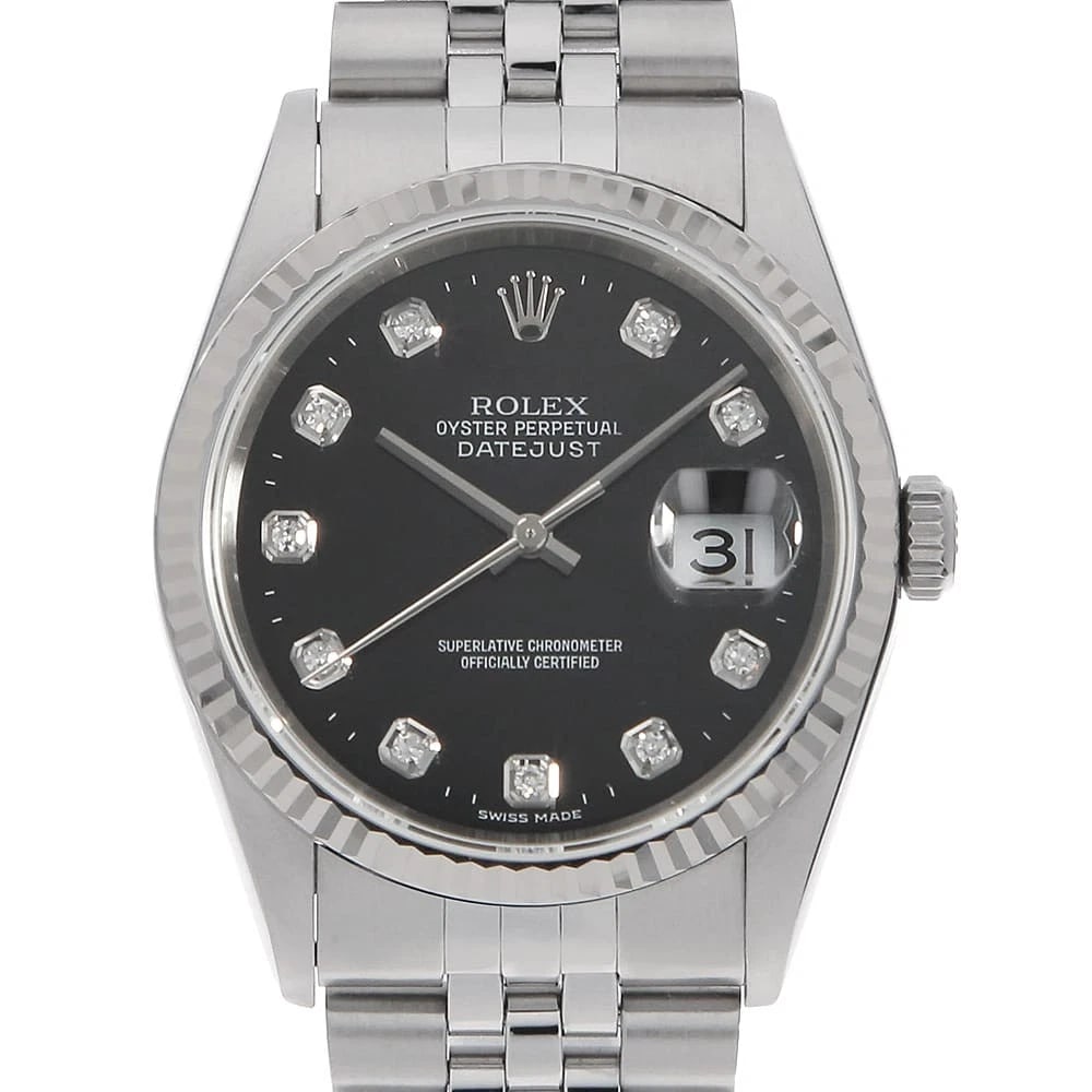 ROLEX DIAMOND BLACK WATCH: ROLEX Diamond black Watch Brand: ROLEX Type/Style: Wrist watch Material: Band Material Stainless Steel, Case Material Stainless Steel/White gold Color: Dial Color Black Size: Case Size Case:W36mm Circ