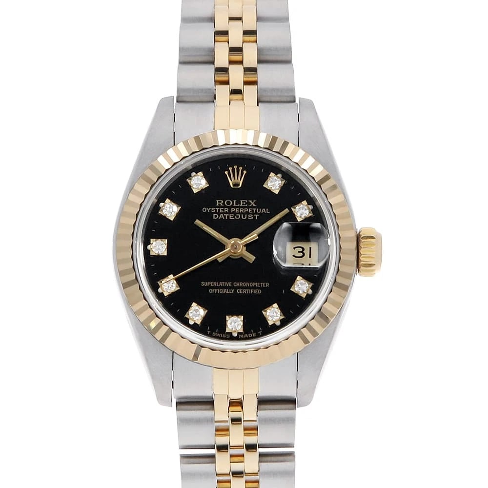 ROLEX DIAMOND BLACK WATCH: ROLEX Diamond black Watch Brand: ROLEX Type/Style: Wrist watch Material: Band Material Stainless Steel/Yellow Gold, Case Material Stainless Steel/Yellow Gold Color: Dial Color Black Size: Case Size Ca