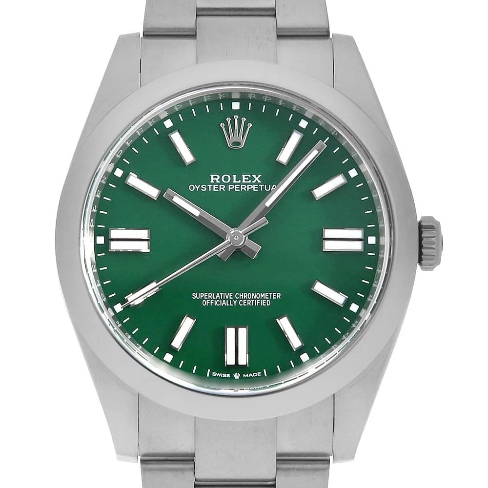 ROLEX OYSTER PERPETUAL GREEN WATCH: ROLEX Oyster Perpetual green Watch Brand: ROLEX Type/Style: Wrist watch Material: Band Material Stainless Steel, Case Material Stainless Steel Color: Dial Color Green Size: Case Size Case:W41mm Circum