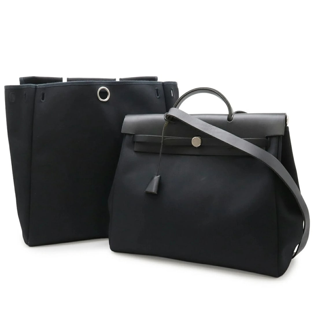 HERMES HERBAG MM HANDBAG SHOULDER BAG: HERMES Herbag MM Handbag Shoulder Bag Brand: Hermes Type/Style: Handbag, Shoulder bag Material: Toile officier, Leather Color: Black Size: (HxWxD)34.5cm x 37.5cm x 13cm / 13.58'' x 14.76'' x 5.11''