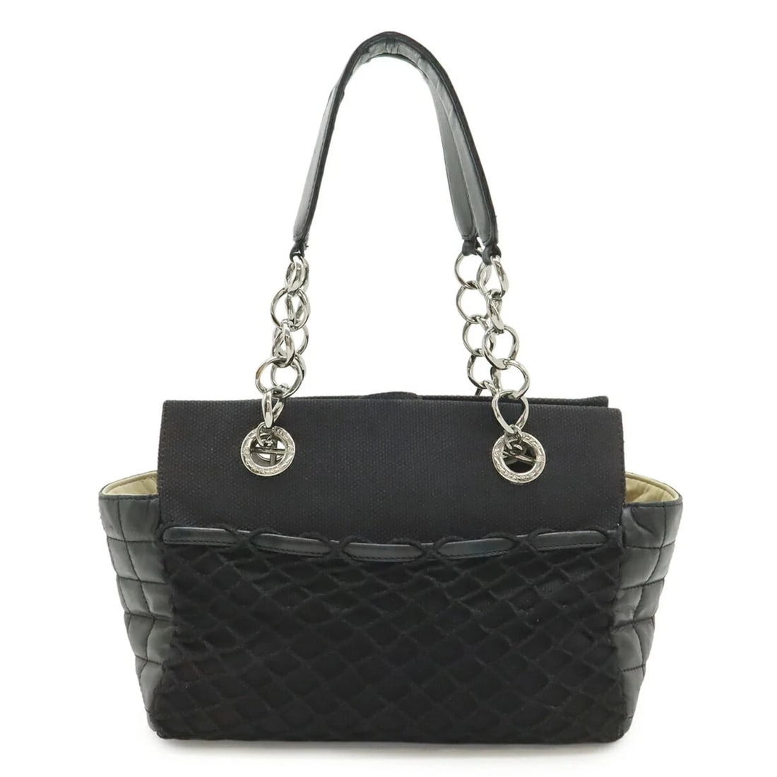 CHANEL CHOCOLATE BAR CHAIN TOTE BAG, HANDBAG, QUILTED NET CANVAS: CHANEL Chocolate Bar Chain Tote Bag, Handbag, Quilted Net Canvas Brand: Chanel Type/Style: Handbag, Tote bag Material: Canvas Color: Black Size: (HxWxD)19cm x 25cm x 13cm / 7.48'' x 9.84'' x 5.11''