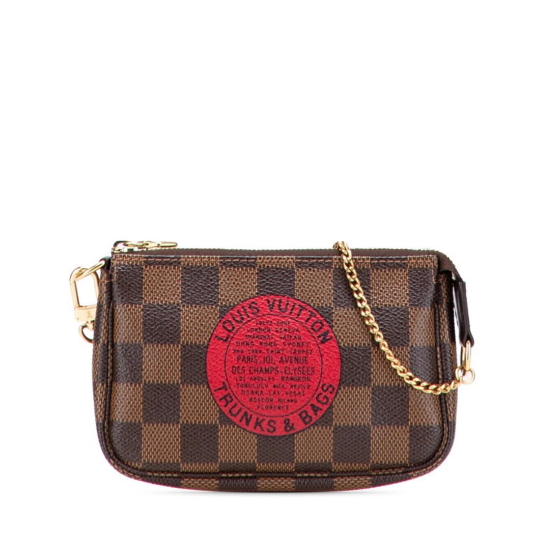 LOUIS VUITTON DAMIER MINI POCHETTE ACCESSOIRES T&B POUCH HANDBAG: Louis Vuitton Damier Mini Pochette Accessoires T&B Pouch Handbag Brand: Louis Vuitton Type/Style: Handbag, Pochette Material: PVC , Leather Color: Brown, Red color Size: (HxWxD) 9.5cm x 14.5cm x 2.5cm