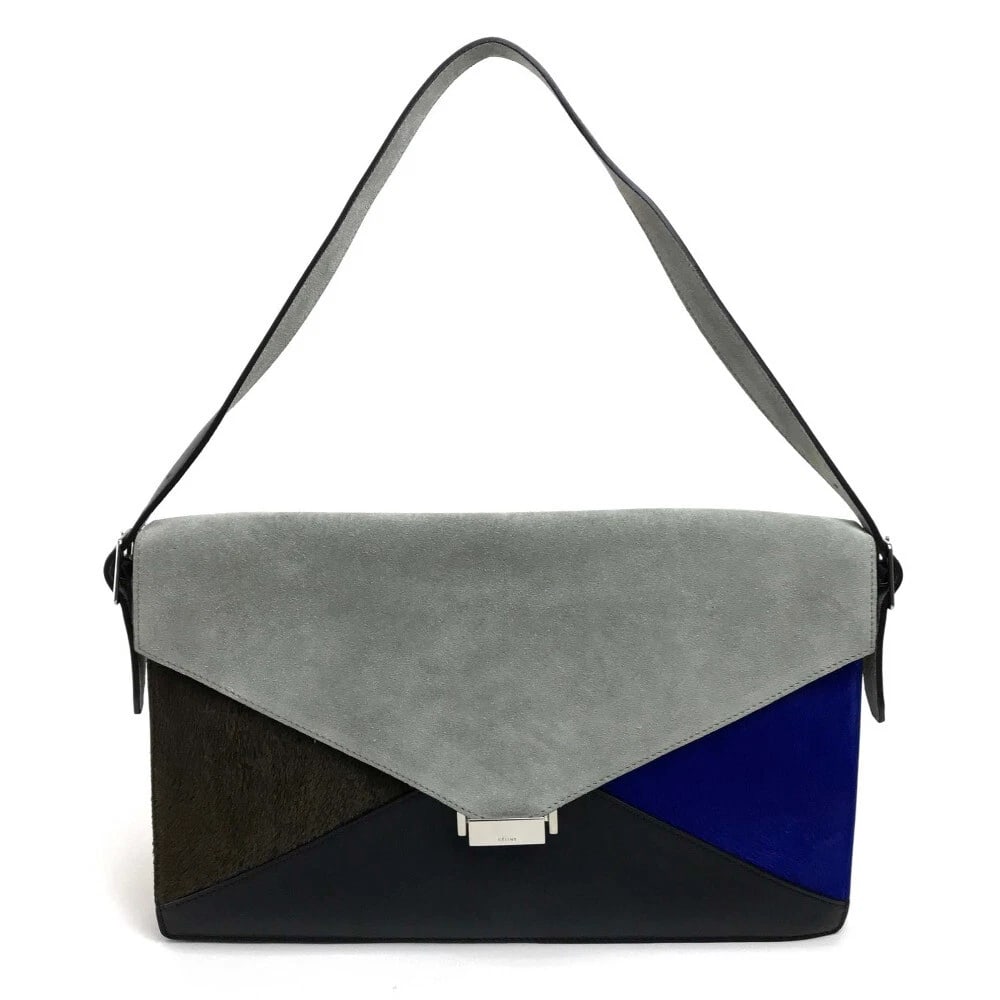 CELINE DIAMOND MONDE CLUTCH SHOULDER BAG CLUTCH 2 WAY BAG: CELINE Diamond Monde Clutch Shoulder Bag Clutch 2 way bag Brand: CELINE Type/Style: 2 way bag Material: Suede x Leather / Pony-Hair Color: Gray xblackxBrownx blue Size: W12.6 x H7.9inch / W32cm x H20c