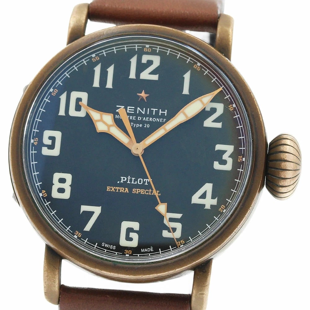 ZENITH PILOT TYPE EXTRA SPECIAL AUTOMATIC BLACK DIAL WATCH: Zenith Pilot Type Extra Special Automatic Black Dial Watch Brand: ZENITH Type/Style: Wristwatch Material: bronz Color: blue dial Size: Case size: 45mm Wrist size: Approx. 20.5cm Accessories: None